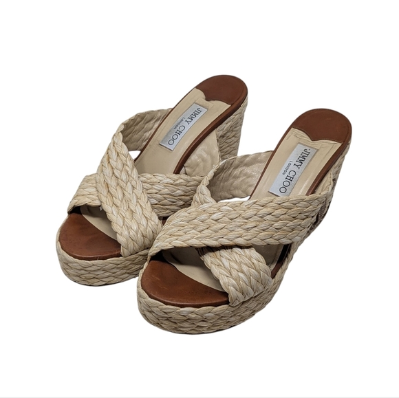 Jimmy Choo Dovina 100 Raffia Wedge JC Logo Sandal Size EU 39 - Picture 5 of 8